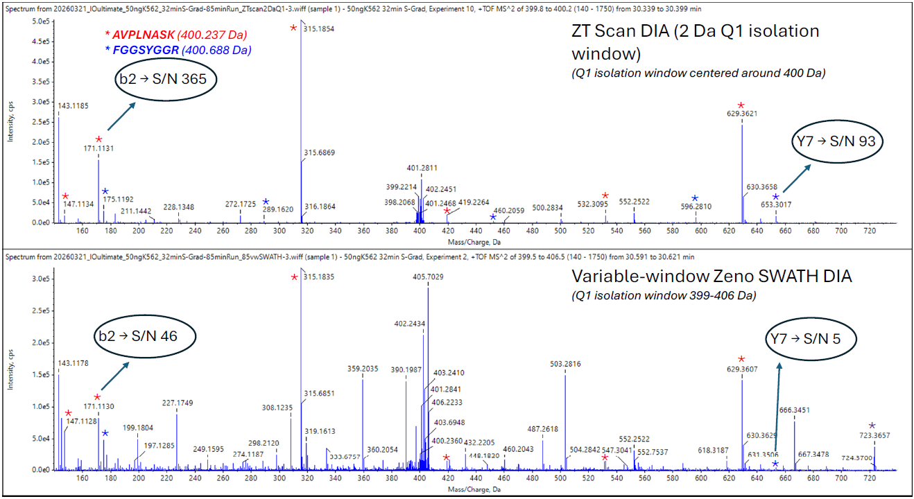 Comparison of MS/MS spectra from the 2 Da ZT Scan DIA 3.0 and variable-window Zeno SWATH DIA experiments for the 50 ng K562 loading. The ZT Scan DIA 3.0 spectrum that is centered at 400 Da is compared with the spectrum from the 399-406 Da precursor window from the Zeno SWATH DIA experiment. Identified fragments for 2 peptides are labeled (red for AVPLNASK, blue for FGGSYGGR). For each peptide, the S/N was calculated for the indicated fragments. Clearly, the ZT Scan DIA spectrum is less chimeric, resulting in improved S/N ratios for peptide fragments, enabling more confident identification and improved quantitation at low levels