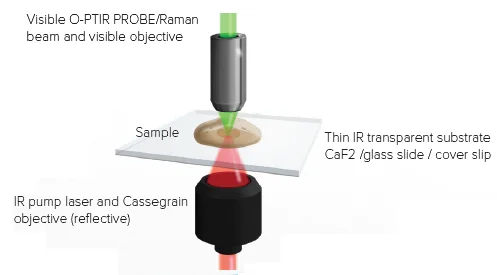 Counter propagating mode. IR light arrives from the bottom and the probe laser measures the sample response from the top with a high NA visible objective