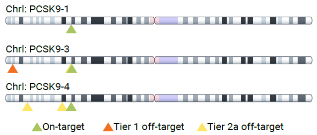 Proximal off-target sites. The on-target and candidate off-target loci from Tier 1 and Tier 2a (high cleavage frequency) are shown. Due to scaling, closely co-located sites may not be individually discernable