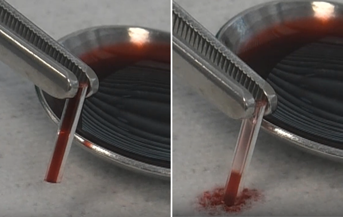 Hollow tube filled with colorant liquid demonstrating easy filling and emptying due to capillary forces