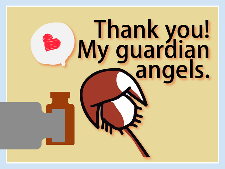 ACRO Biosystem poster that says "Thank you! My guardian angels." With a speech bubble and a love heart, a cartoon character and two vial bottles.
