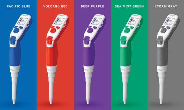 The pipette comes in five color options: pacific blue, volcano red, deep purple, sea mist green, storm gray
