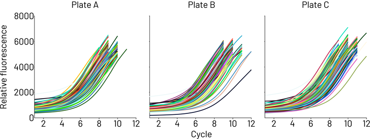 Graph showing amplification curves across three plates.