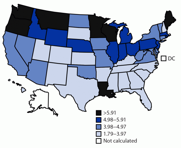 Malignant mesothelioma* annualized age-adjusted death rate† per 1 million women aged ≥25 years — United States, 1999–2020