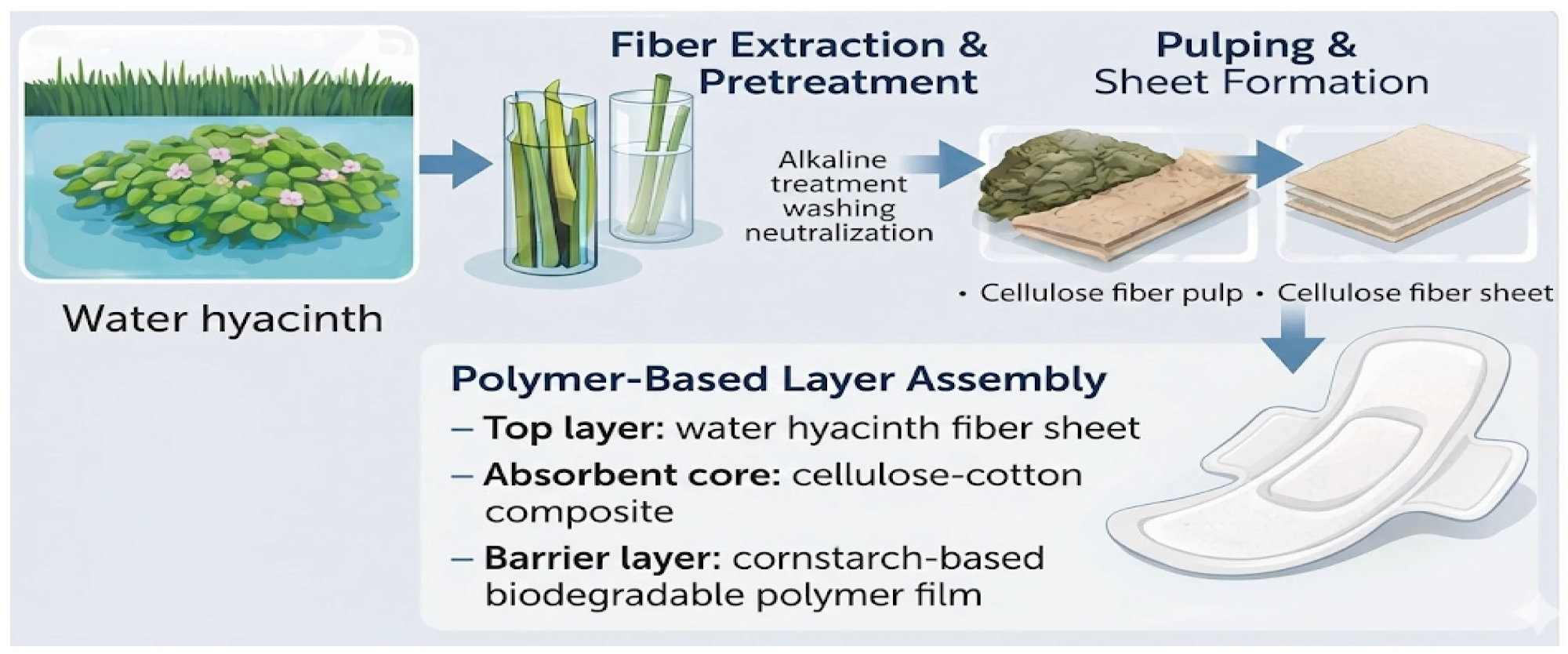 Fabrication process of water hyacinth-based sanitary napkins. The figure illustrates the sequential steps, including collection of the Eichhornia crassipes, fiber extraction and alkaline pretreatment (washing and neutralization), pulping and cellulose sheet formation, and polymer-based-layer assembly. The final multilayer structure consists of a water hyacinth fiber sheet as the top layer, a cellulose–cotton composite absorbent core, and a cornstarch-based biodegradable polymer film as the barrier layer.