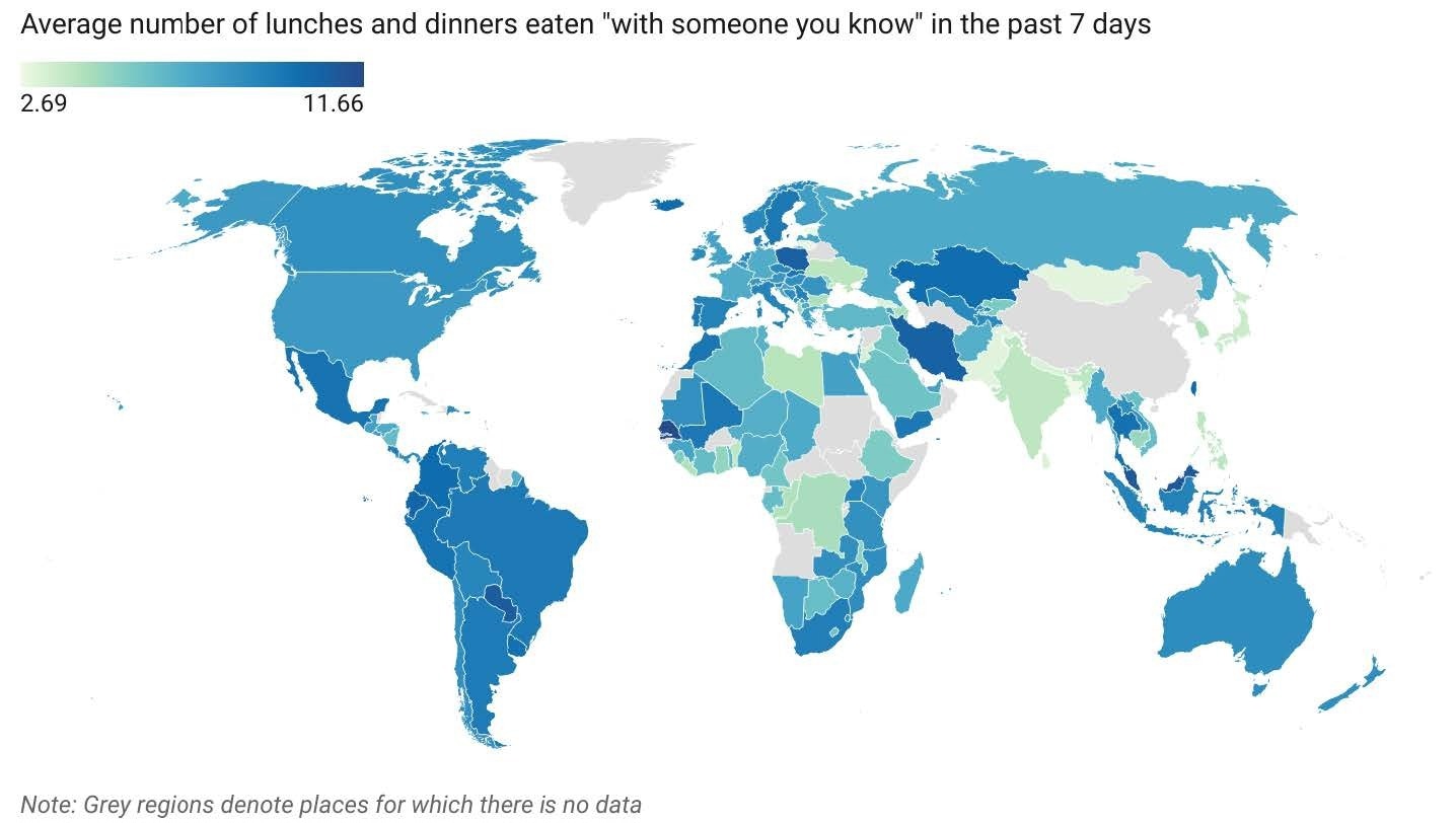 Average life evaluations by number of meals shared in the past week Gallup World Poll, 2022-2023