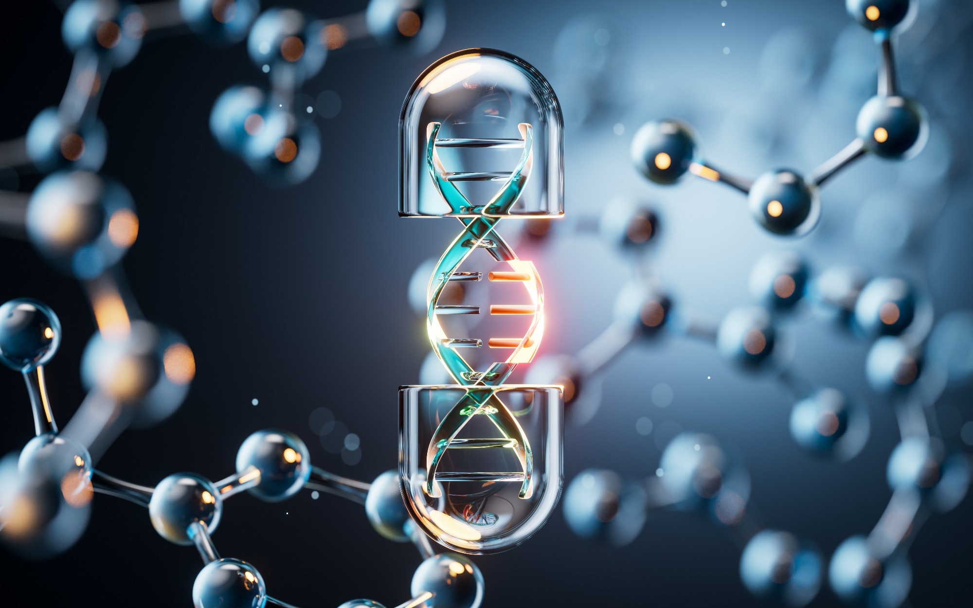 Medical capsule with transparent molecules background, 3d rendering. 3D illustration.