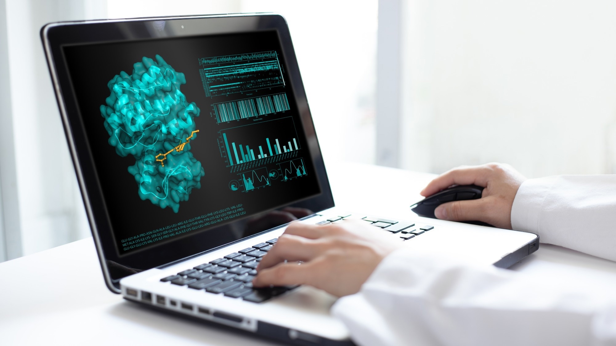 Scientist analyzing 3D molecular docking and protein ligand interaction on laptop. The screen displays 3D structural model with bioinformatics data, graphs, and text data of amino acid sequences.