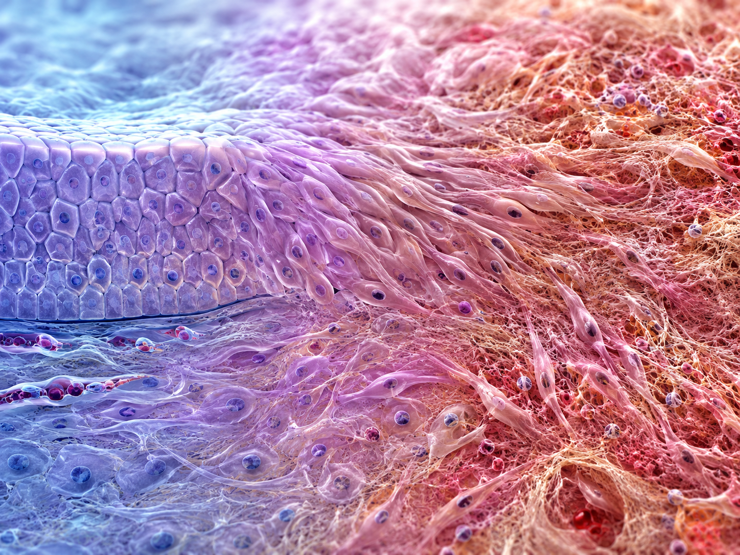 Study: Mesenchymal drift: A convergent framework for the hallmarks of aging.  AI-generated biomedical illustration showing a transition from organized healthy tissue to fibrotic, inflamed tissue, representing mesenchymal drift during aging. Image Credit: ChatGPT / OpenAI.