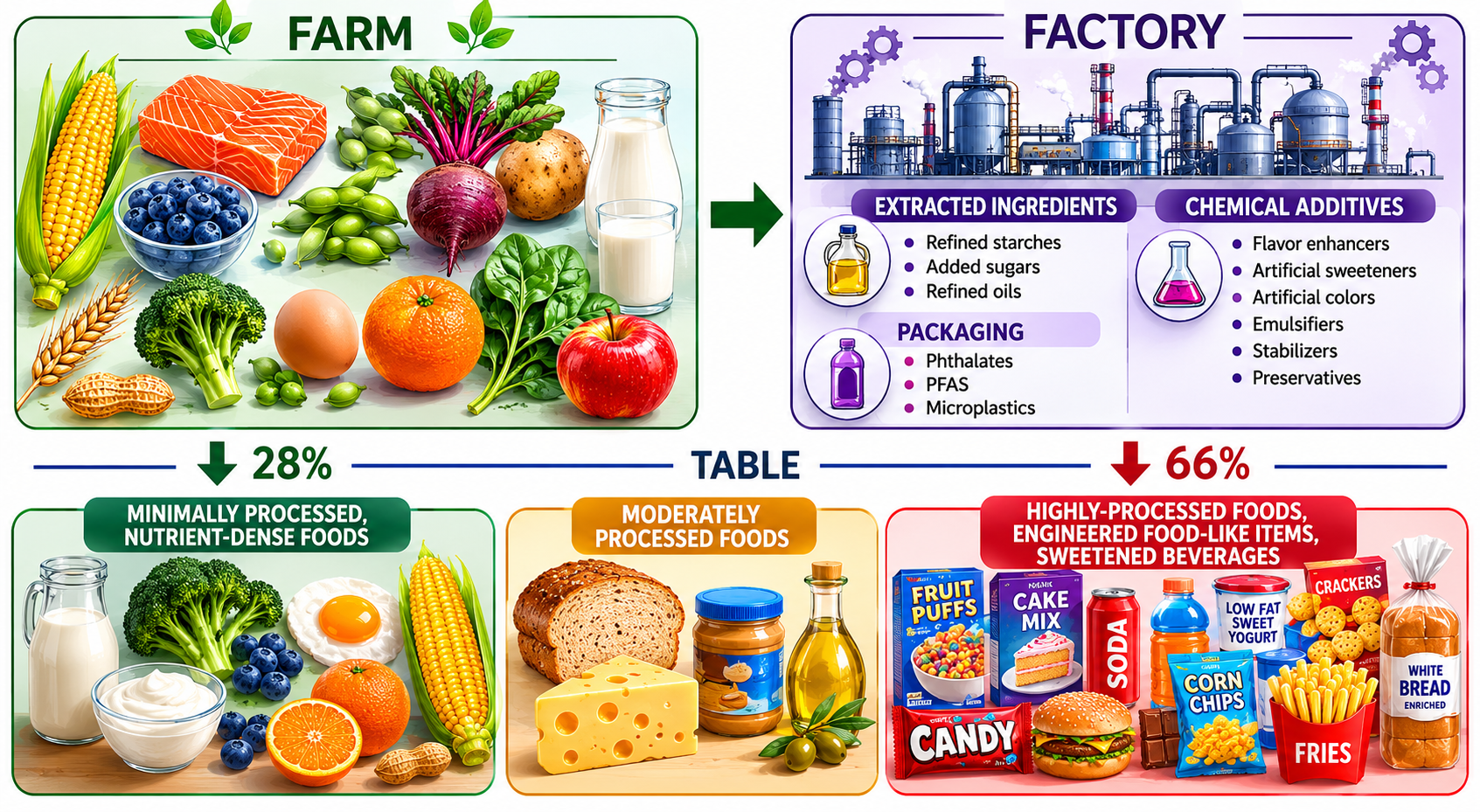 Highly processed and engineered foods and beverages make up the bulk of the U.S. diet. Highly processed foods and extracted ingredients account for about two-thirds of the energy consumed by U.S. youth and adolescents and 60% of the energy consumed by U.S. adults. Abbreviation: PFAS, per- and polyfluoroalkyl substances.