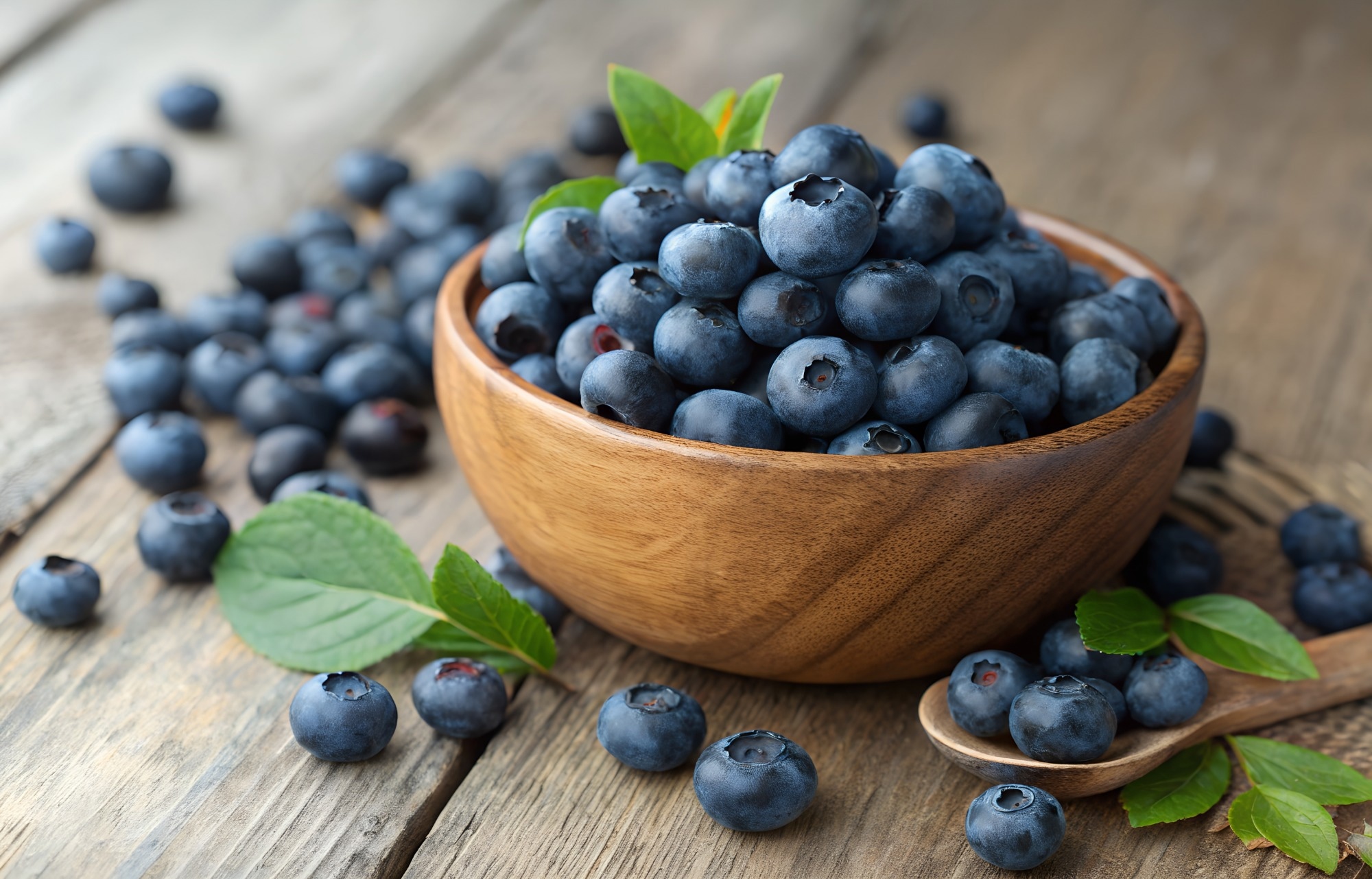 Blueberry antioxidant organic superfood in a wood bowl concept for healthy eating and nutrition
