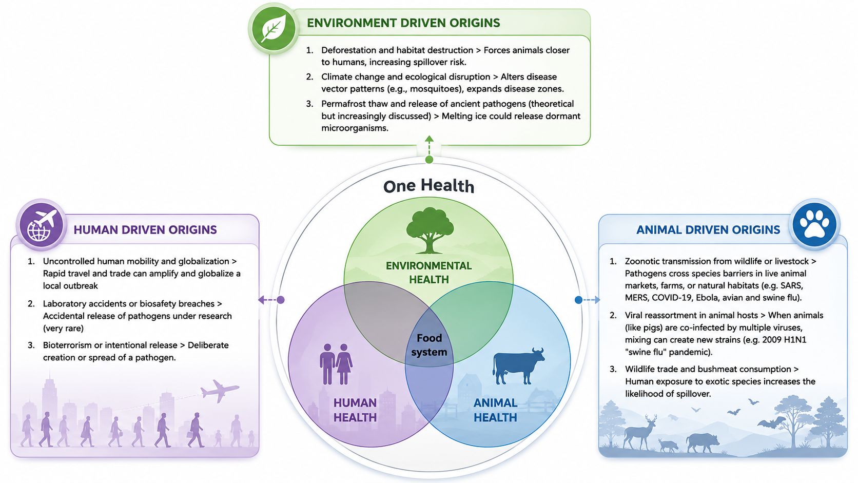 The Venn diagram illustrates the interconnected domains of Human Health, Animal Health, and Environmental Health, with the Food System at their intersection. Each domain contributes distinct but overlapping drivers of pandemic emergence: human-driven, animal-driven, and environment-driven. These drivers interact within agrifood systems, influencing the risk, scale, and transmission pathways of emerging infectious diseases. Image adapted from Di Martino, M., Shadomy, S., Topazio, D., & LeJeune, J. T. (2026). Building resilient food safety systems through a One Health approach to prepare for the next pandemic. npj Science of Food, 10(1). DOI – 10.1038/s41538-026-00798-4 using ChatGPT / OpenAI