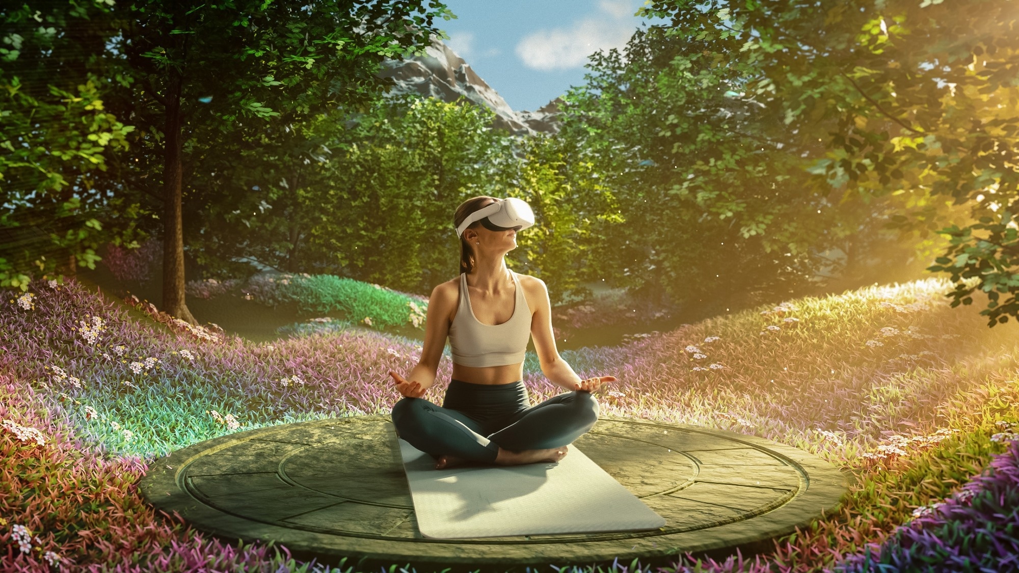 Young Athletic Woman Wearing VR Headset, Practising Meditation in Futuristic Way. Her Consciousness is Transformed into Beautiful and Peaceful Forest.