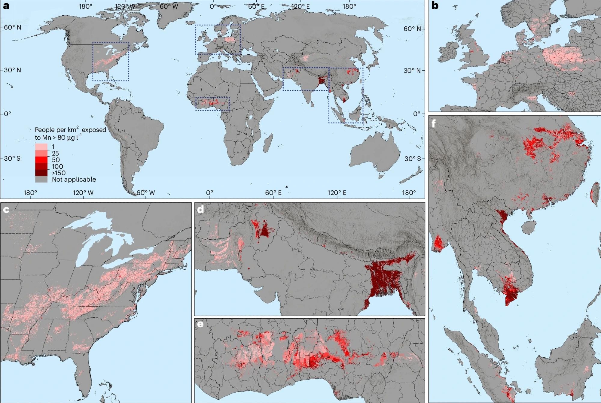 a, Global risk map showing the density of population consuming untreated groundwater containing at least 80 µg l−1 of Mn. This was produced by applying a cut-off of 0.5 to the groundwater Mn probability hazard map in Fig and overlaying the rural and urban population density in 2025 while accounting for national-level groundwater use rates in both of these settings. Dashed boxes in (a) indicate the locations of detailed views of high-risk areas of Europe (b), the eastern USA (c), South Asia (d), West Africa (e) and East and Southeast Asia (f). g, Comparison of the global affected population by continent for the concentration thresholds of 400 µg l−1 (old WHO guideline), 80 µg l−1 (current WHO guideline) and 50 µg l−1 (EU guideline). These estimates are also provided in Table 1. Supplementary Fig. 2 shows the population risk maps of all three concentration thresholds, including an estimated area of applicability. Basemap administrative boundaries data in a–f from Natural Earth (https://www.naturalearthdata.com). Study: Manganese, a hidden threat to global water quality and health
