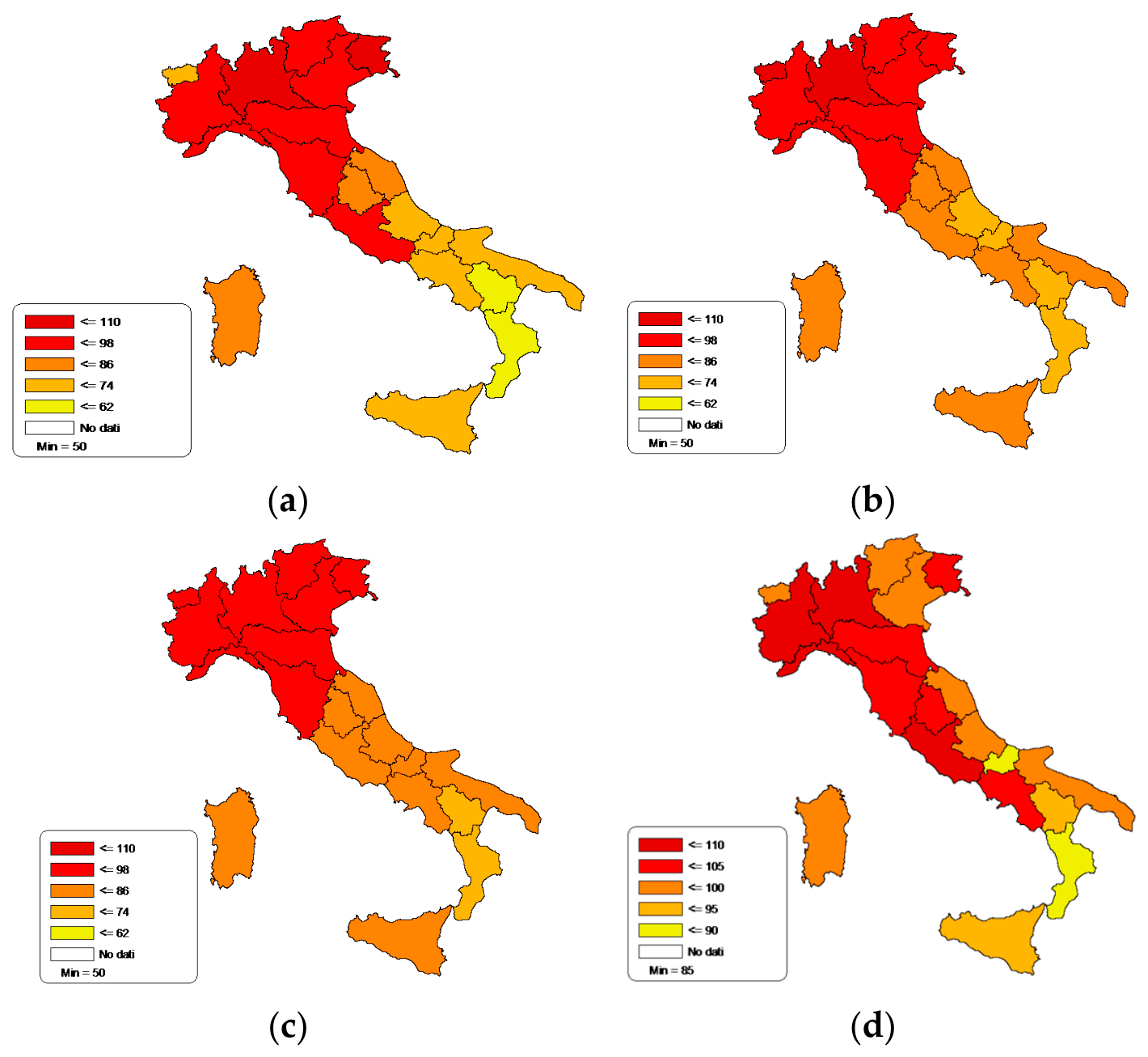 Choropleth map of age-standardized mortality rates from neoplasms among individuals aged ≥65 years in Italian regions: (a) 1990; (b) 2001; (c) 2011; (d) 2023. Maps were generated directly from the WHO European Health for All Database (HFA-DB)/HFA-Italy online platform. ‘No dati’ indicates regions with no available data.