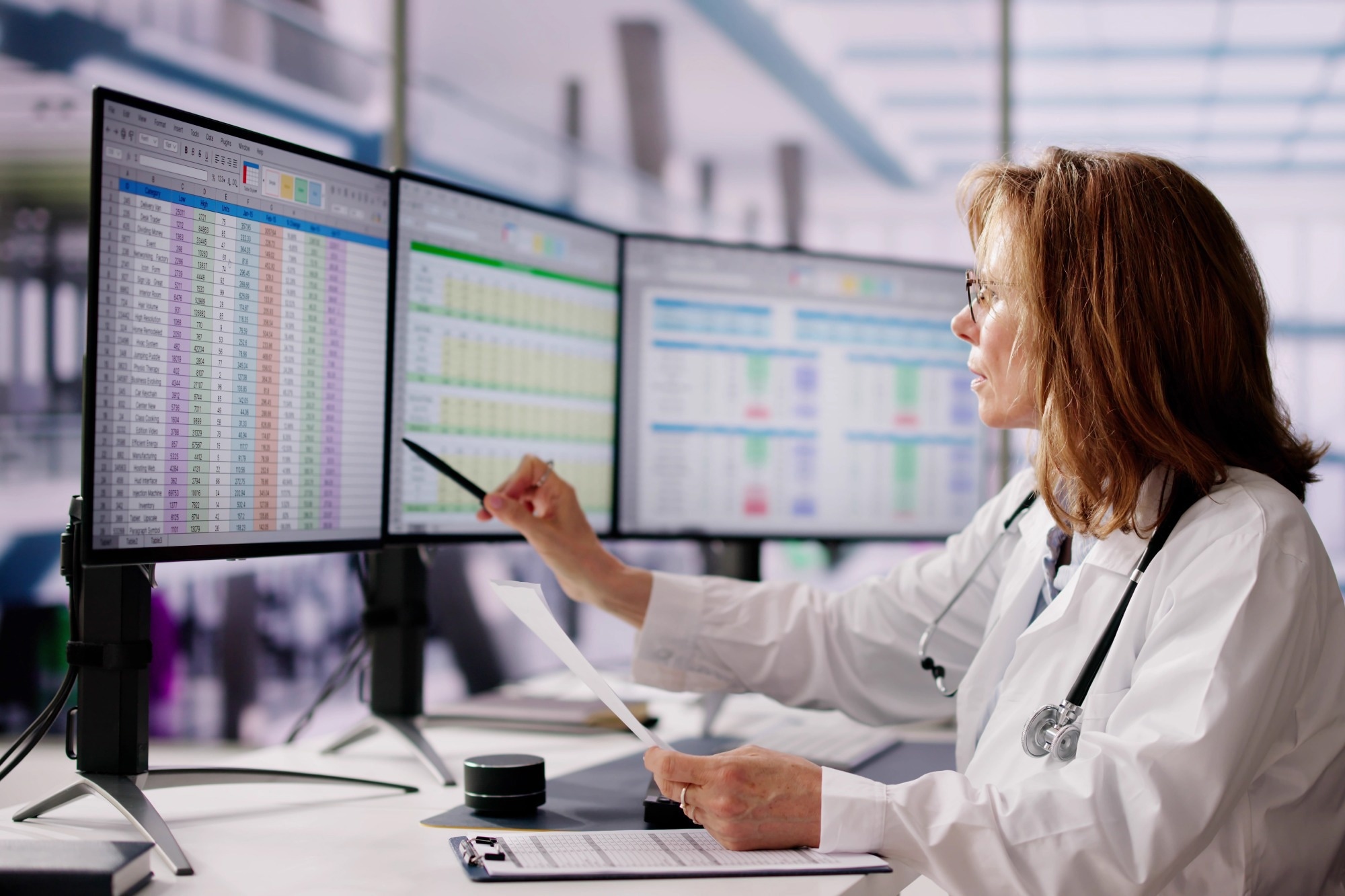 Researcher reviewing large healthcare datasets across multiple computer monitors to assess clinical prediction model data.