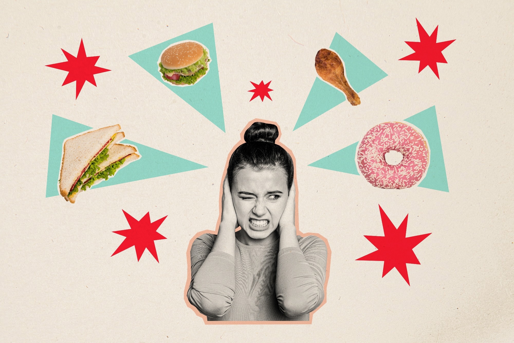 Photo collage of mad angry annoyed young girl cover ear with hands trying to avoid fast food on diet