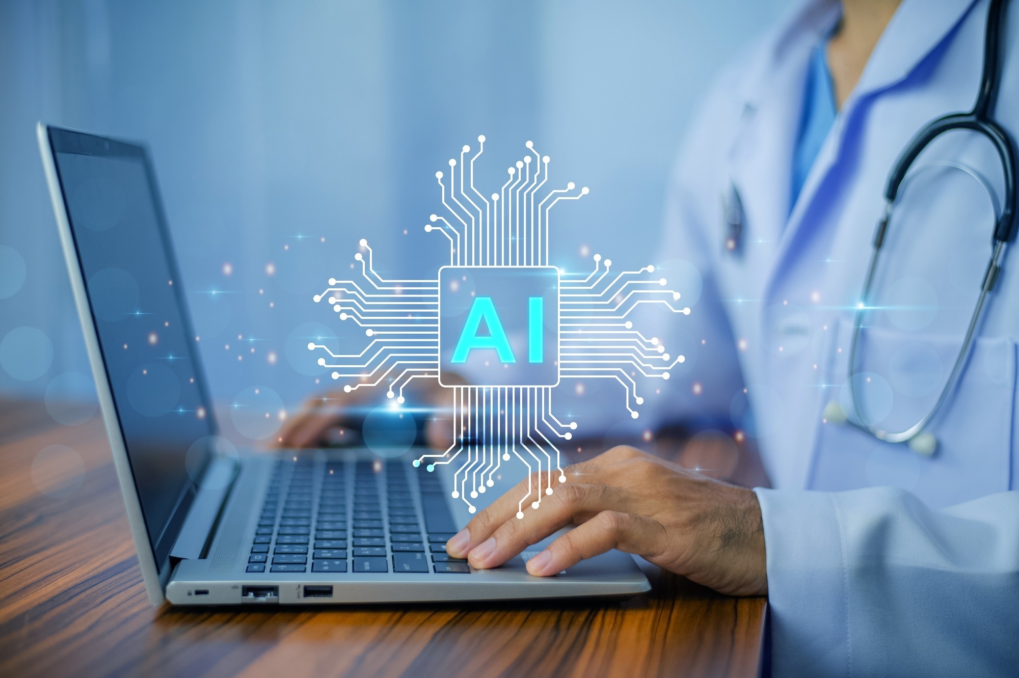 Doctor using artificial intelligence on a laptop.