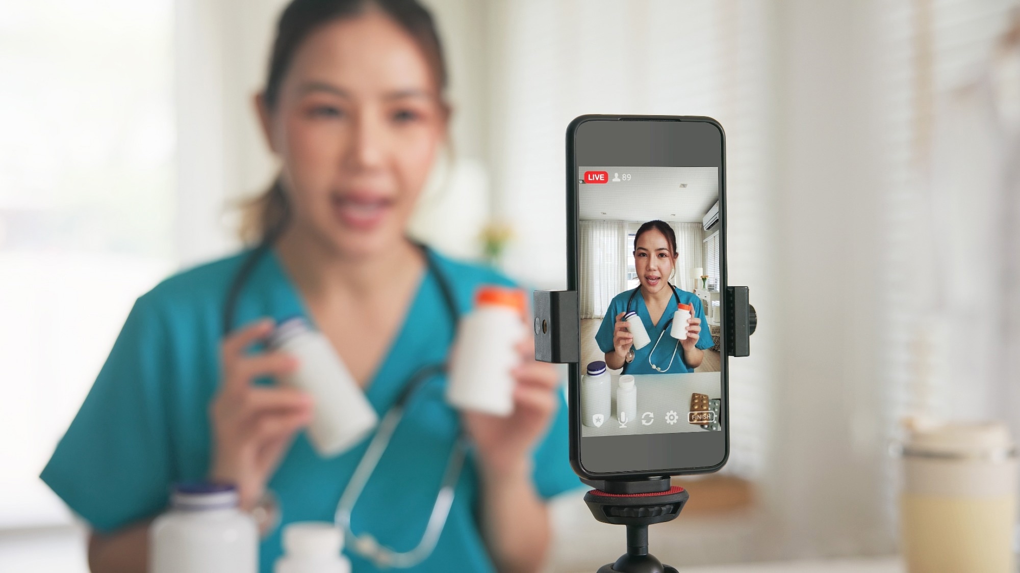 woman people anti aging expert modern health care vlogger live advice talk selfie video mobile phone camera.