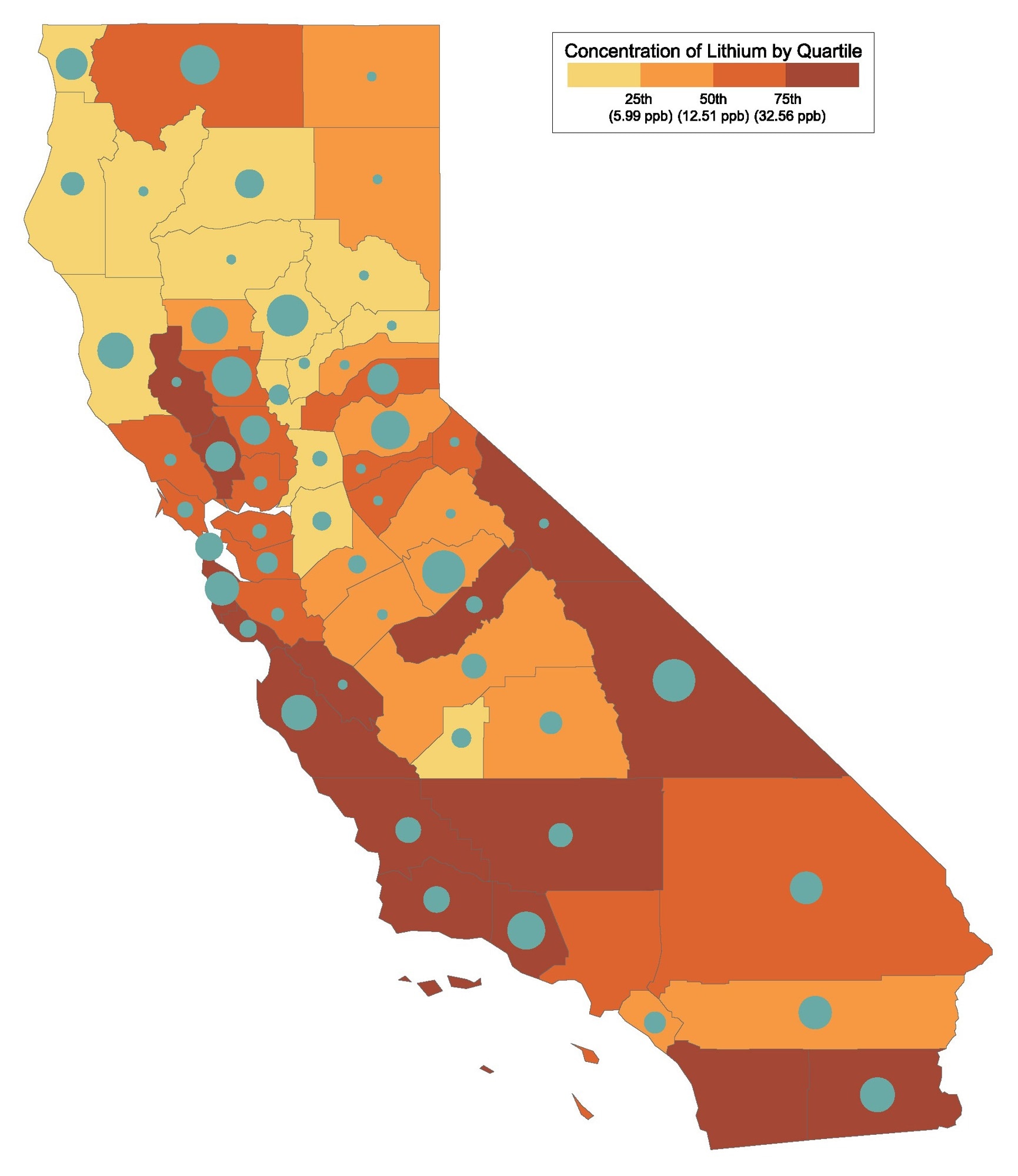 California county-level estimates of Wolff-Parkinson-White diagnoses per 1000 acute care visits in percentiles (circles), compared to quartiles of lithium concentration levels in raw water sources. Darker shades designate higher quartiles of lithium concentrations.