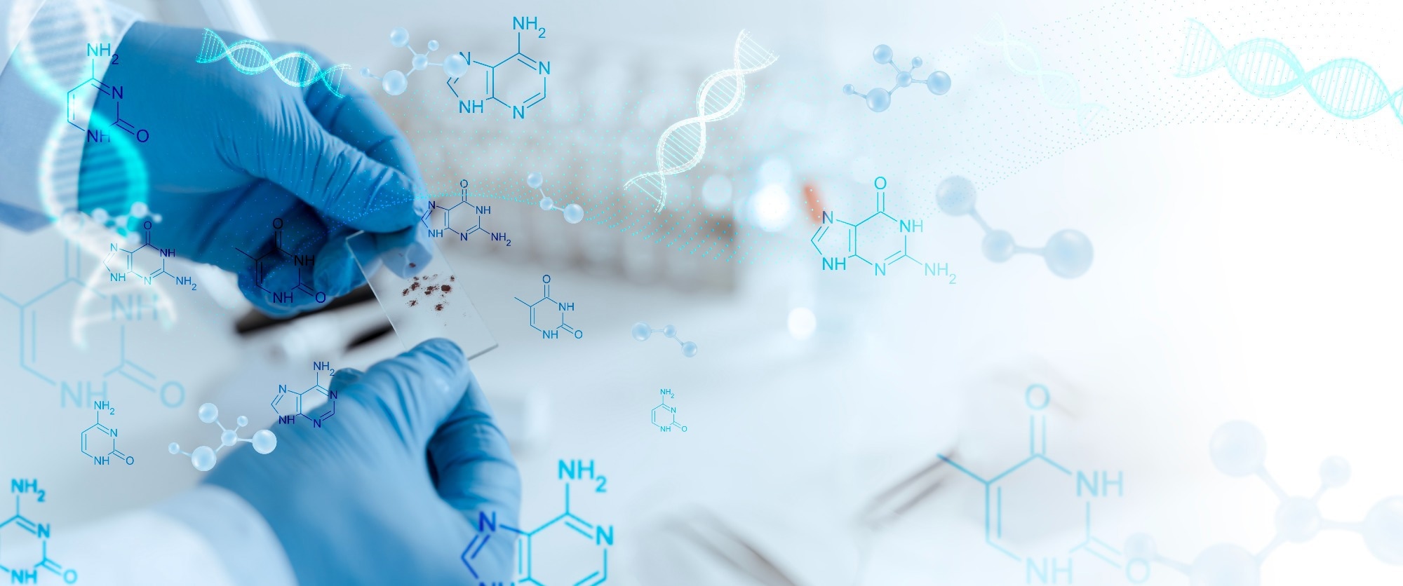 Scientist examining a laboratory sample with DNA strands and molecular structures overlaid.