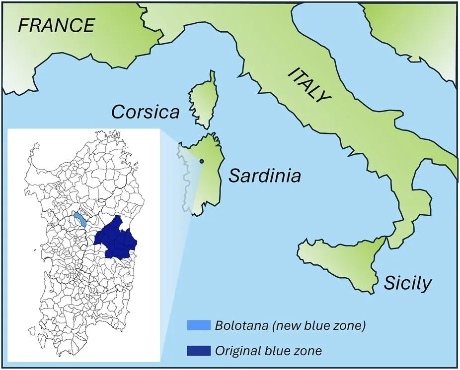 Geographic location of Bolotana and the original Sardinian Blue Zone. The main map situates Sardinia in the western Mediterranean, relative to Corsica, mainland Italy, Sicily, and southern France. The inset shows Sardinia